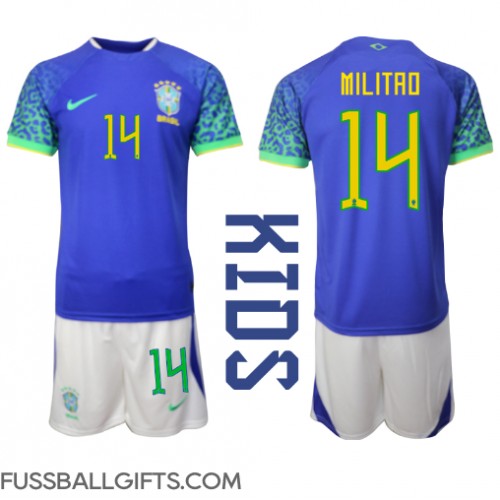 Brasilien Eder Militao #14 Fußballbekleidung Auswärtstrikot Kinder WM 2022 Kurzarm (+ kurze hosen)